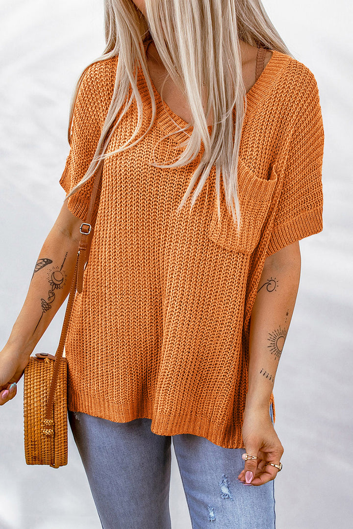 Side Slit V-Neck Short Sleeve Sweater - ALINA VOGT