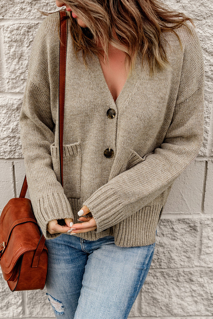 Ribbed Trim Button Down Cardigan with Pockets - ALINA VOGT