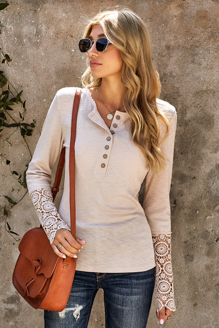 Crochet Lace Hem Sleeve Button Top - ALINA VOGT