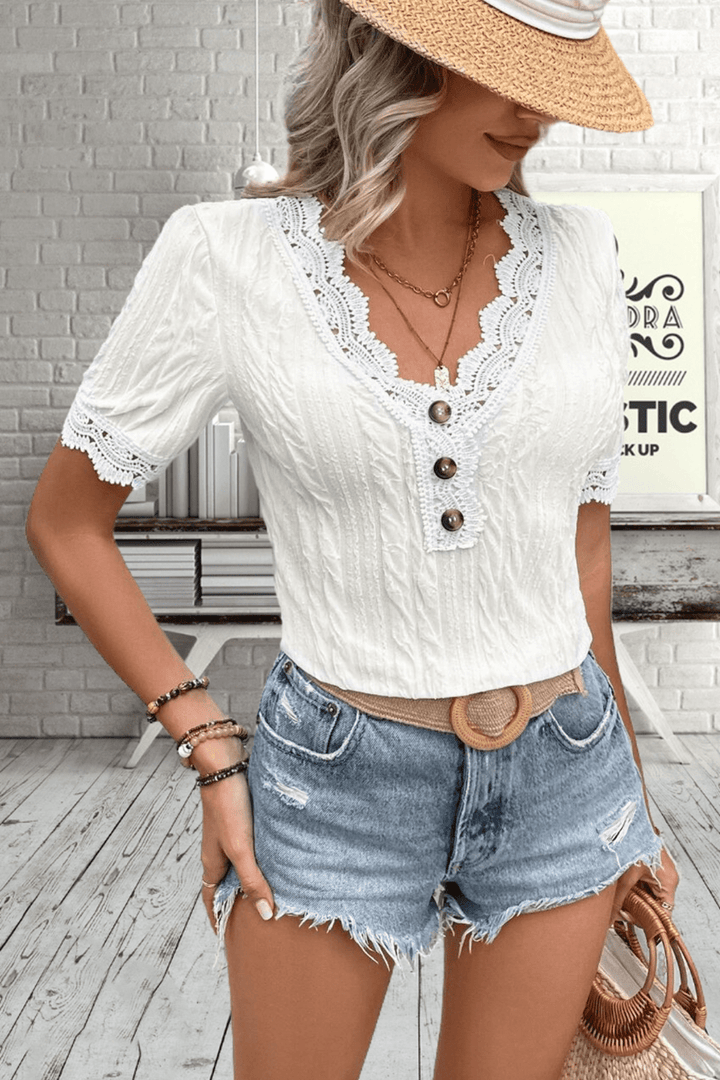 Buttoned V-Neck Lace Trim T-Shirt