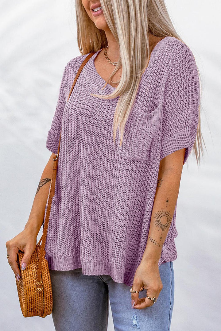 Side Slit V-Neck Short Sleeve Sweater - ALINA VOGT