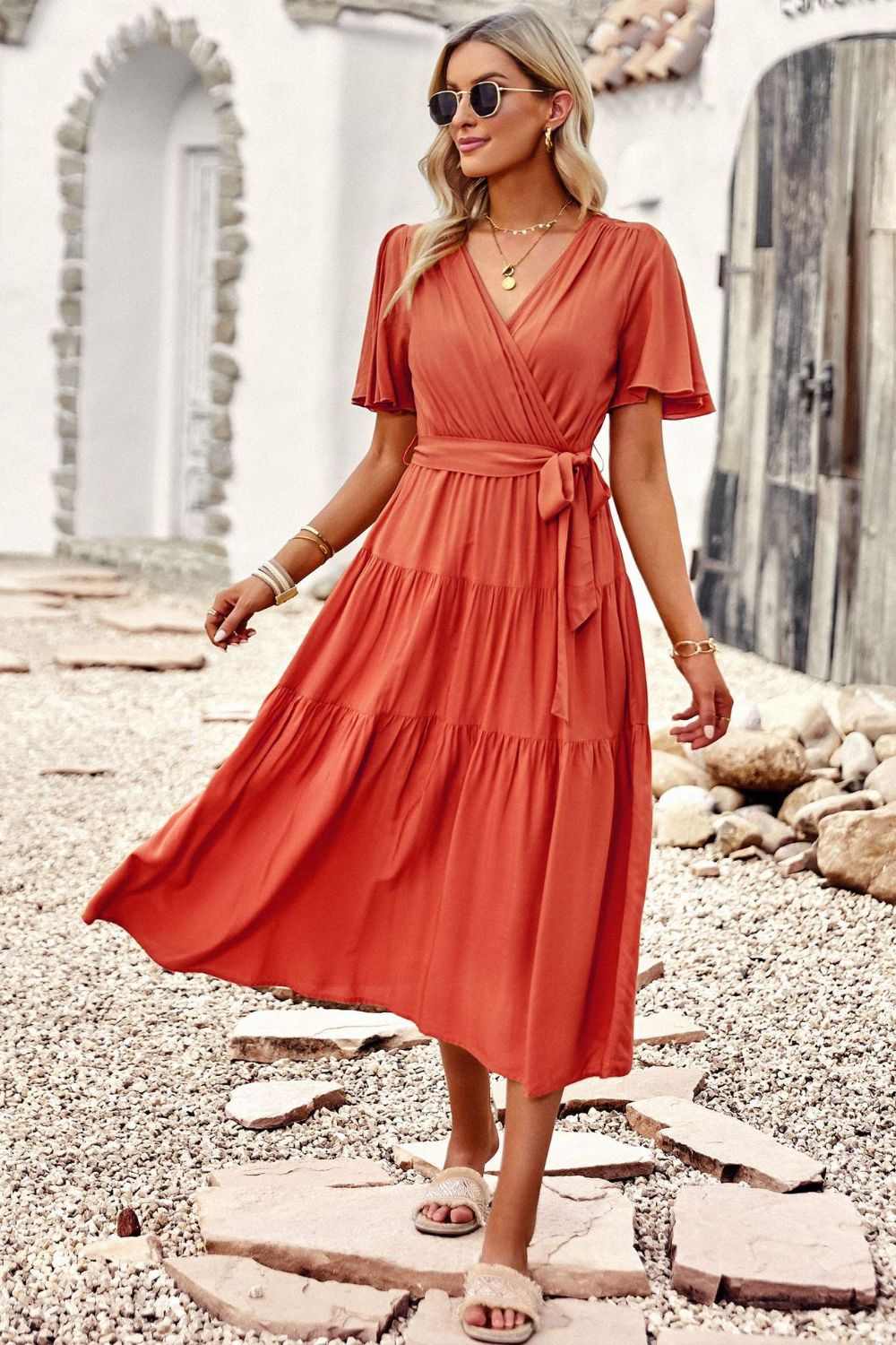 Belted Flutter Sleeve Tiered Surplice Dress