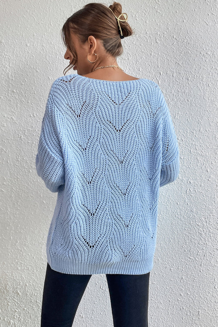 Openwork Boat Neck Dropped Shoulder Sweater