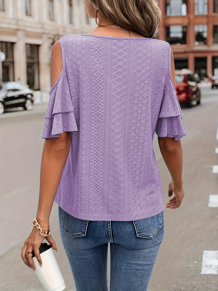 Eyelet V-Neck Cold Shoulder Blouse