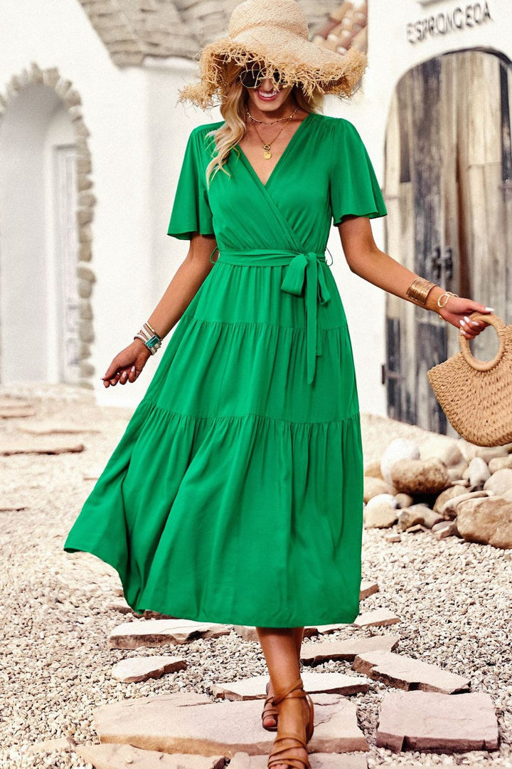 Belted Flutter Sleeve Tiered Surplice Dress