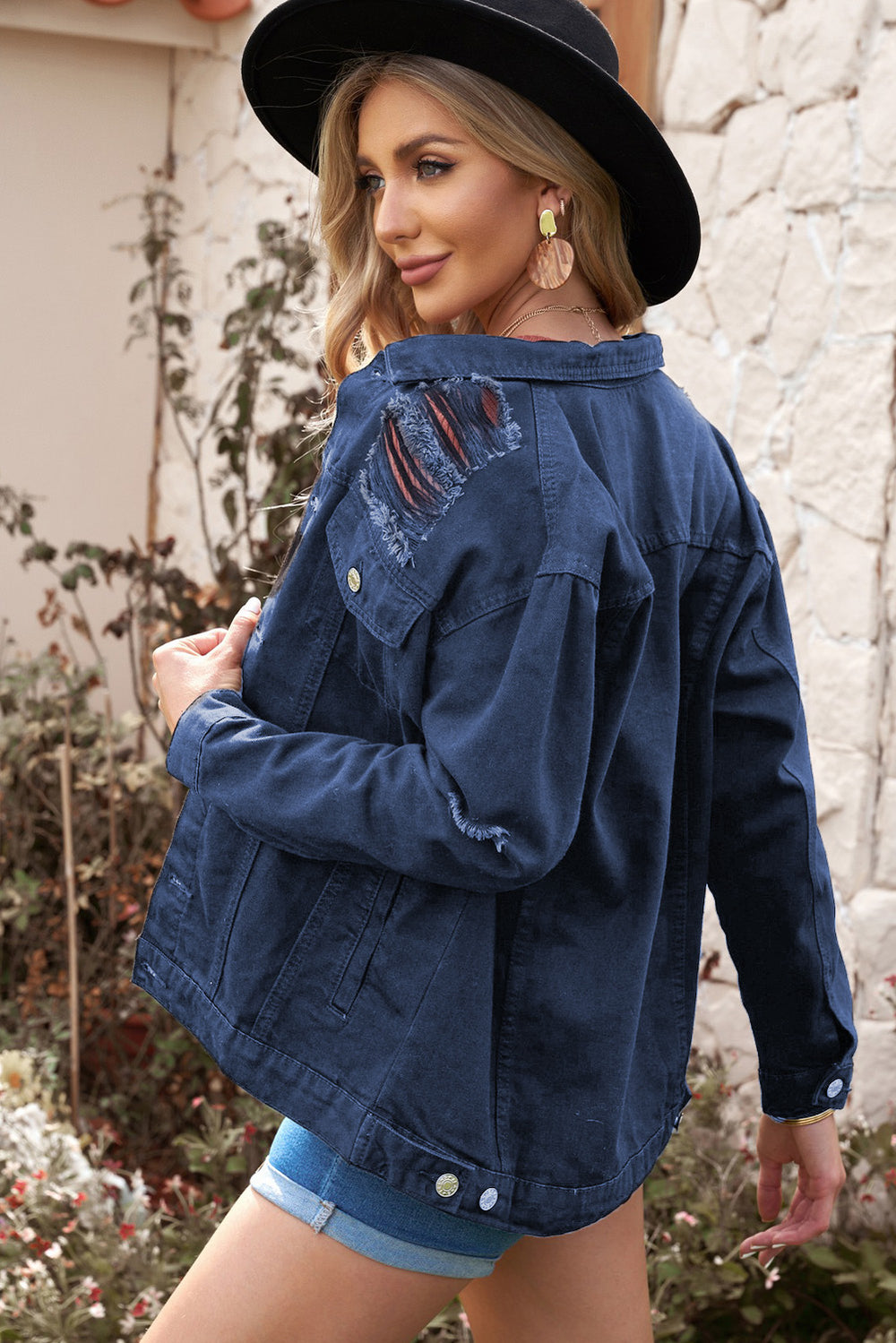 Distressed Button-Up Denim Jacket with Pockets - ALINA VOGT