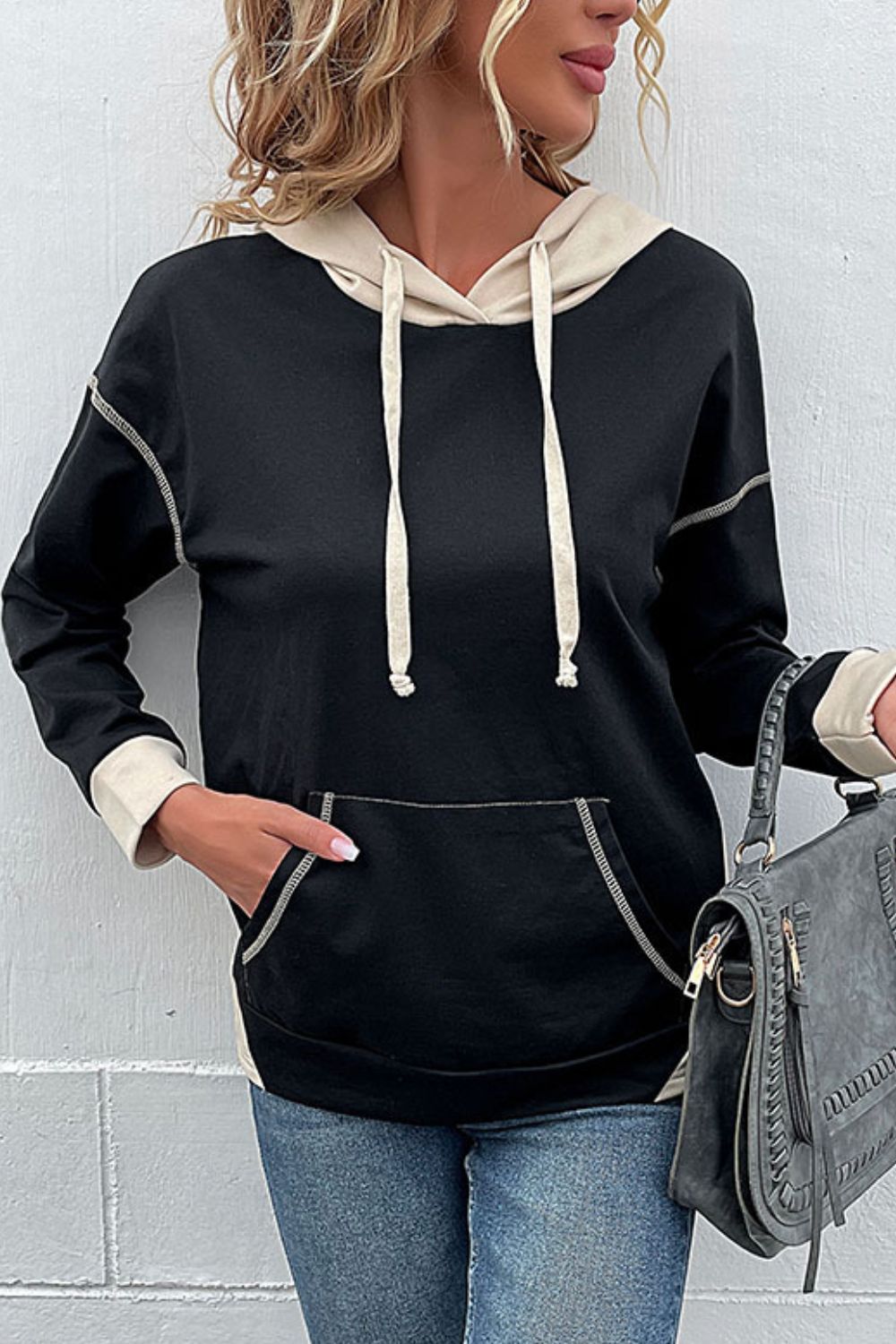 Contrast Drawstring Detail Drop Shoulder Hoodie - ALINA VOGT