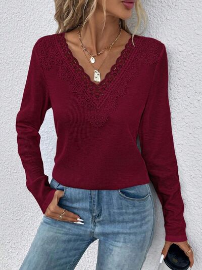 Waffle-Knit Lace Detail V-Neck Long Sleeve T-Shirt