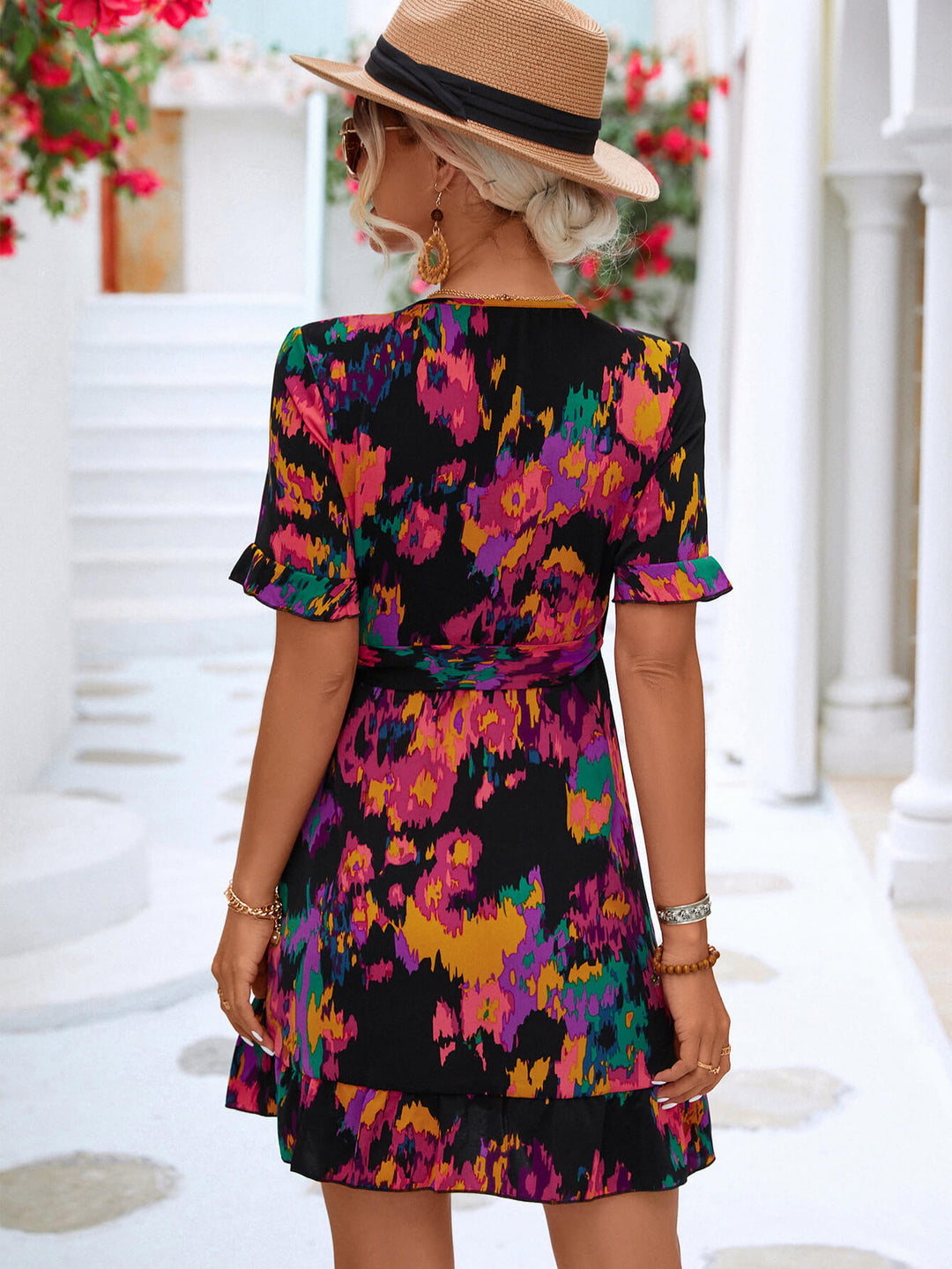 Printed Flounce Sleeve Tied Dress - ALINA VOGT