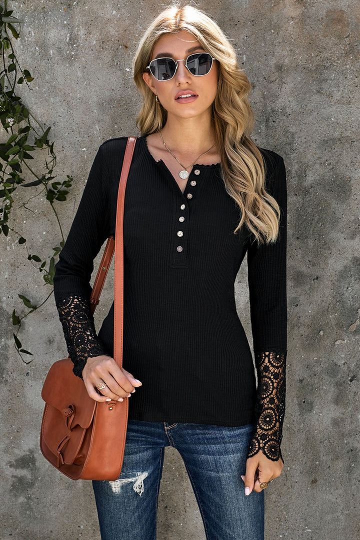 Crochet Lace Hem Sleeve Button Top - ALINA VOGT