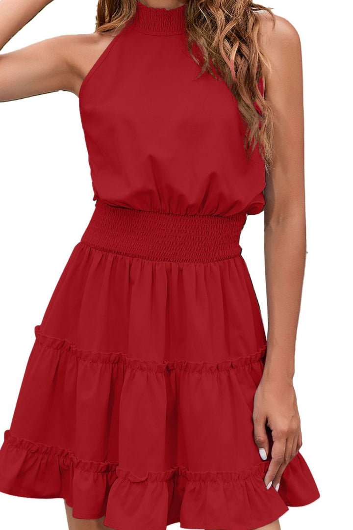 Frill Trim Smocked Waist Grecian Neck Sleeveless Dress