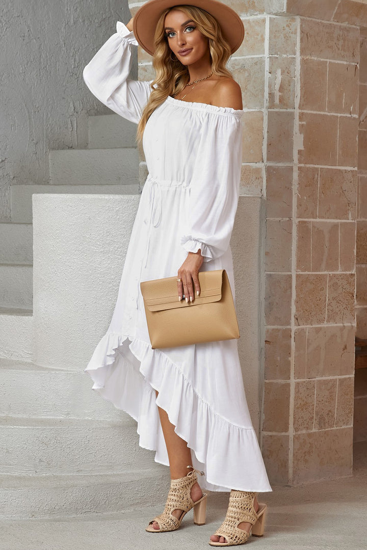 Decorative Button Ruffled High-Low Off-Shoulder Dress - ALINA VOGT