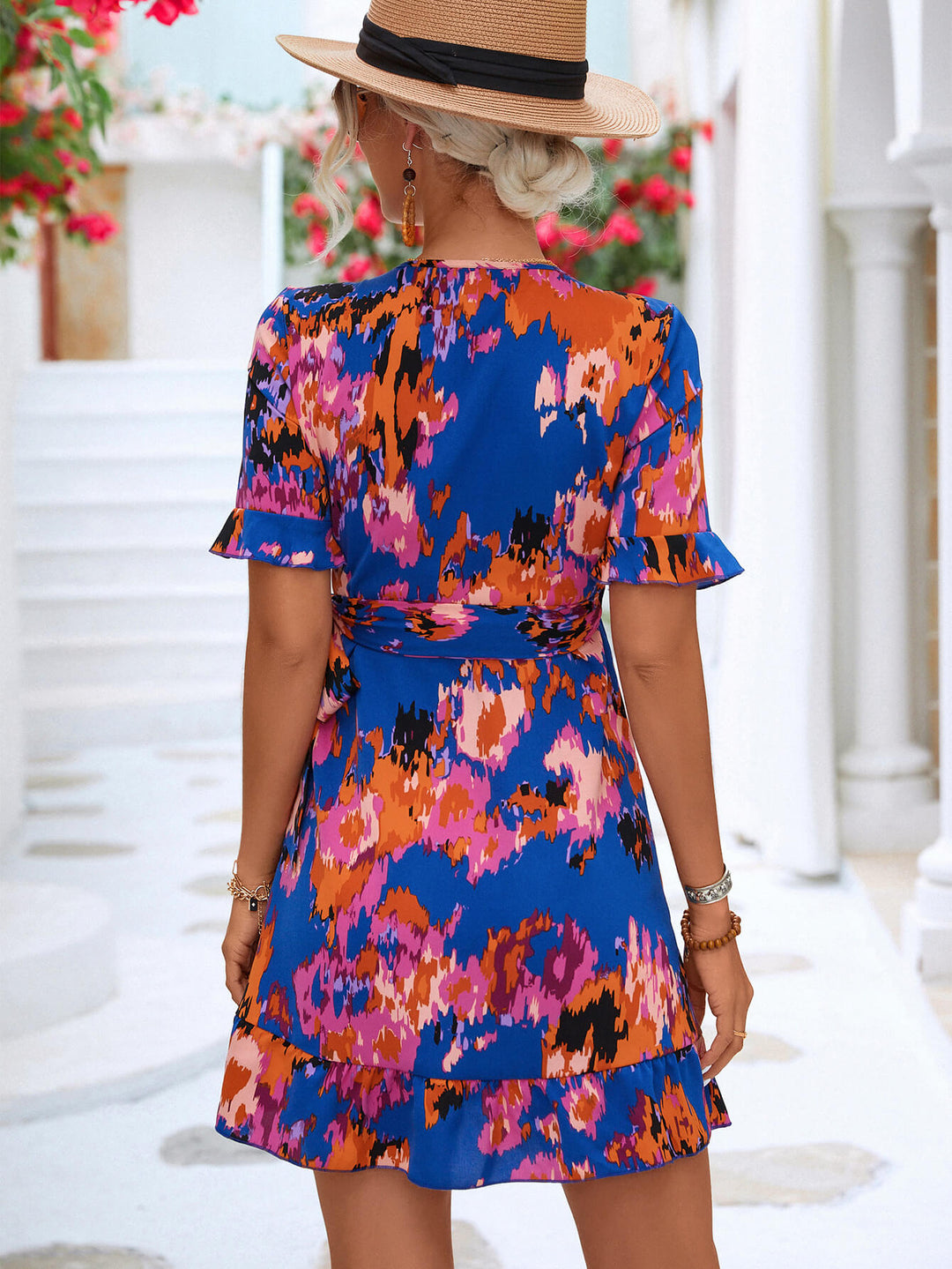 Printed Flounce Sleeve Tied Dress - ALINA VOGT