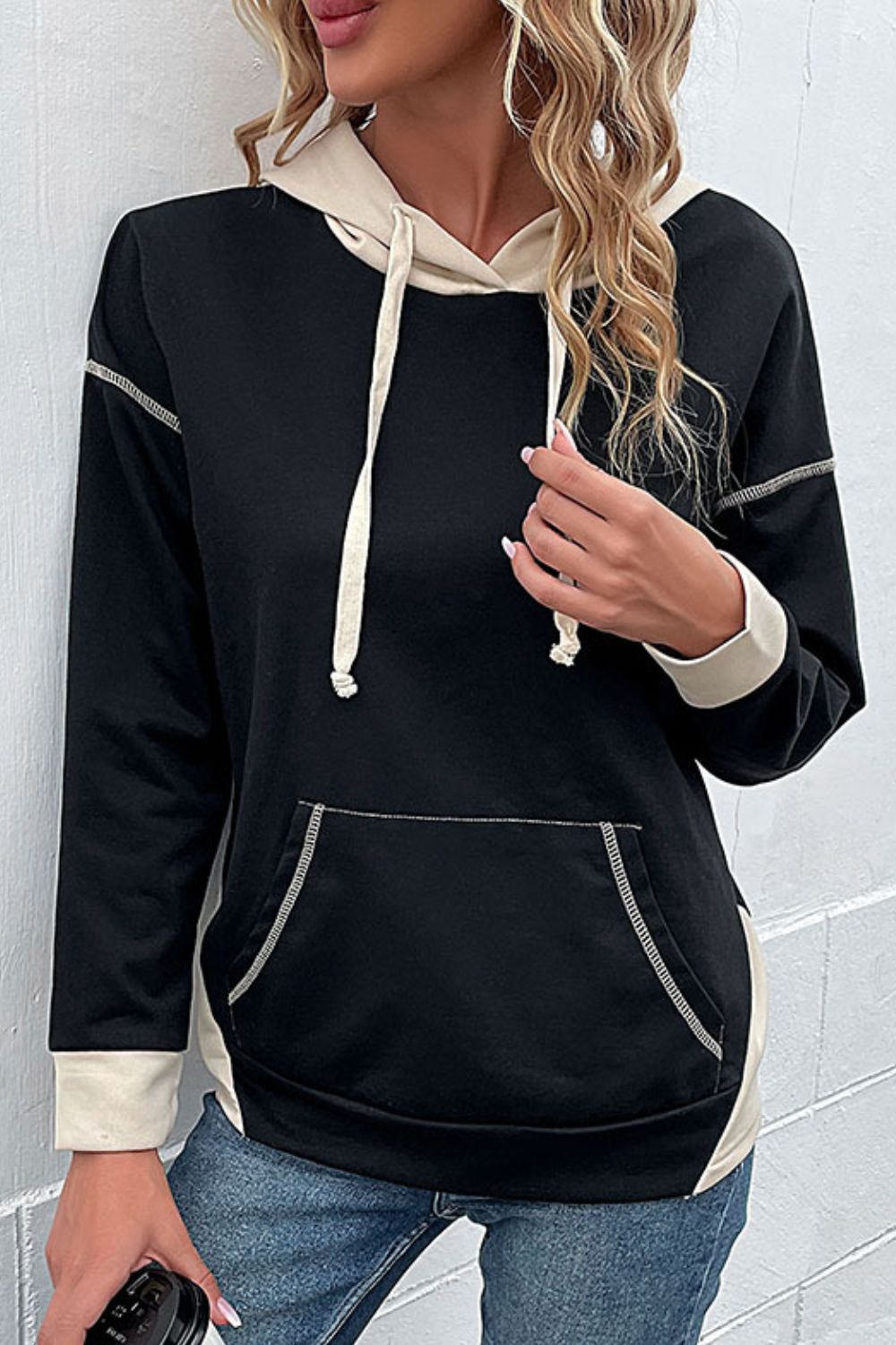 Contrast Drawstring Detail Drop Shoulder Hoodie - ALINA VOGT