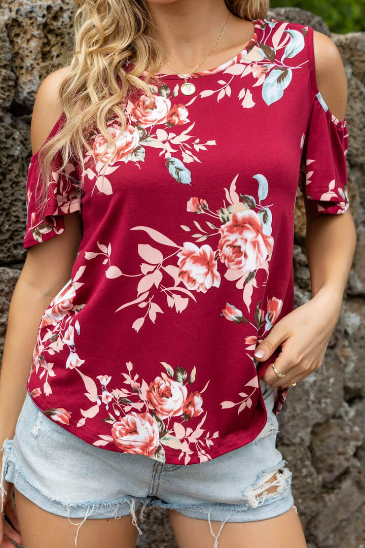 Floral Cold-Shoulder Round Neck Top