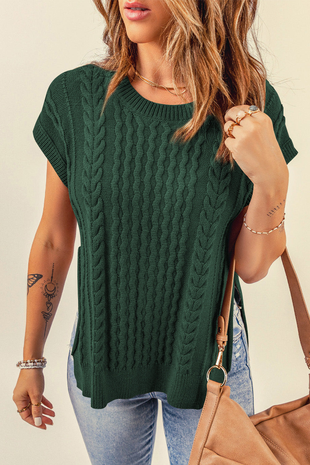 Cable-Knit Side Slit Sweater Vest - ALINA VOGT