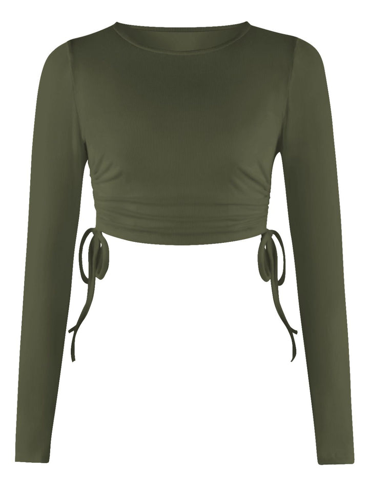 Drawstring Round Neck Long Sleeve Top