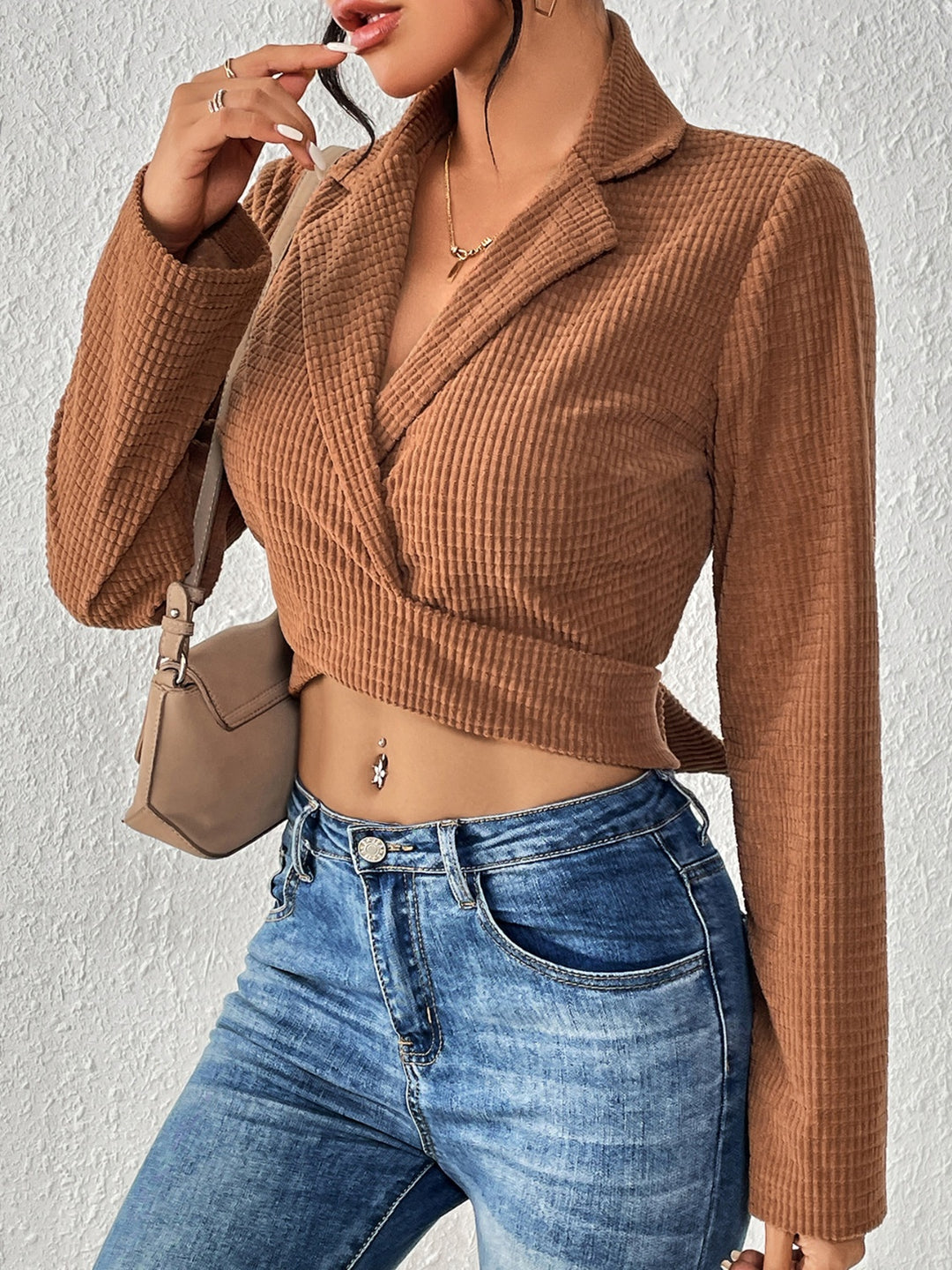 Tied Collared Neck Cropped Top