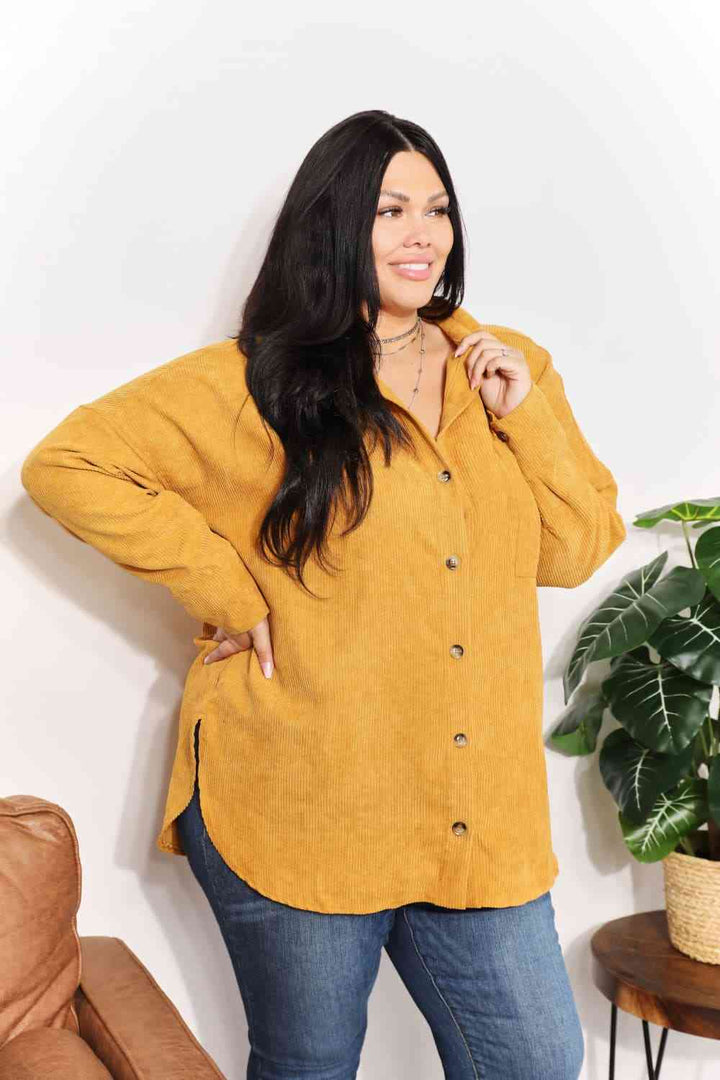 HEYSON Full Size Oversized Corduroy  Button-Down Tunic Shirt with Bust Pocket