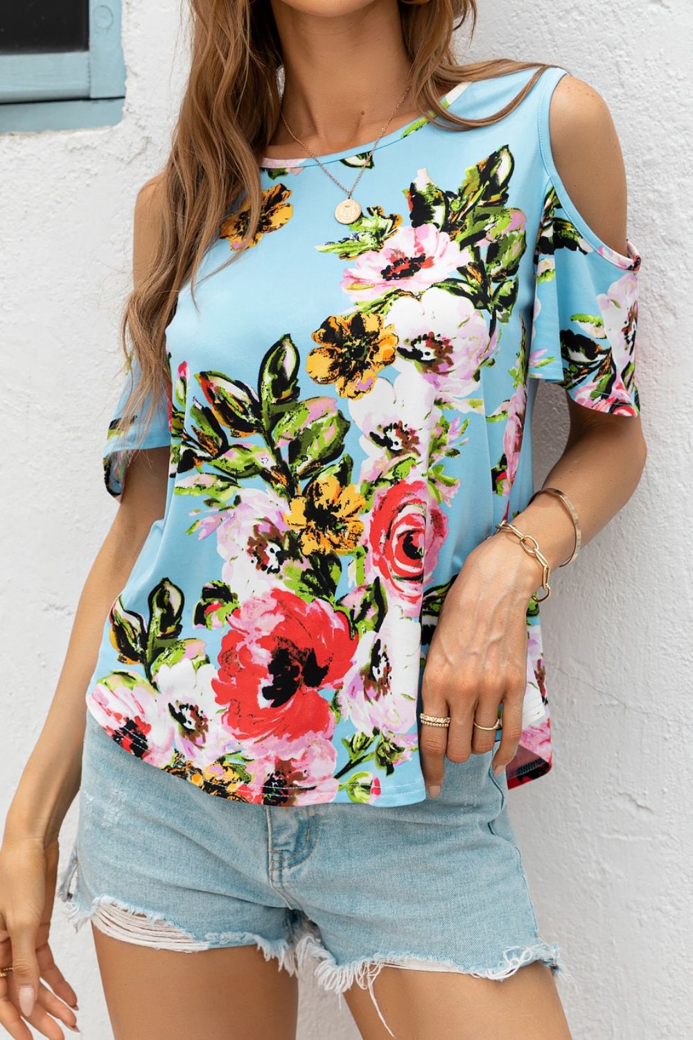 Floral Cold-Shoulder Round Neck Top