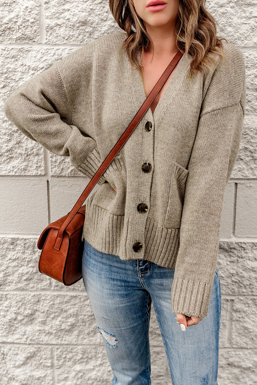 Ribbed Trim Button Down Cardigan with Pockets - ALINA VOGT