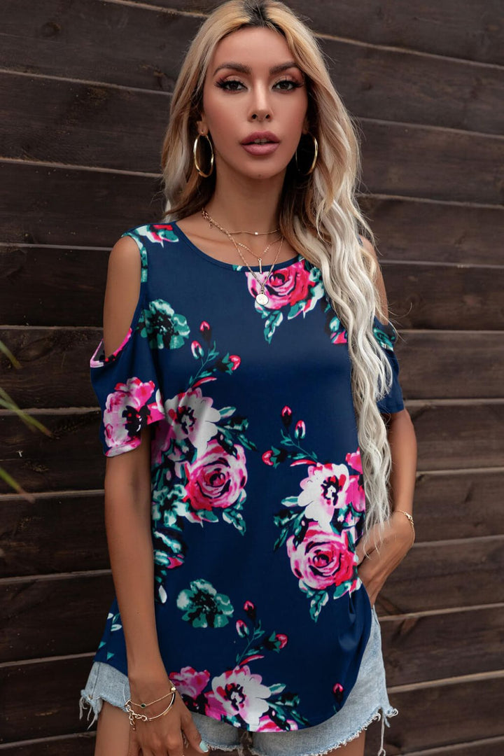 Floral Cold-Shoulder Round Neck Top